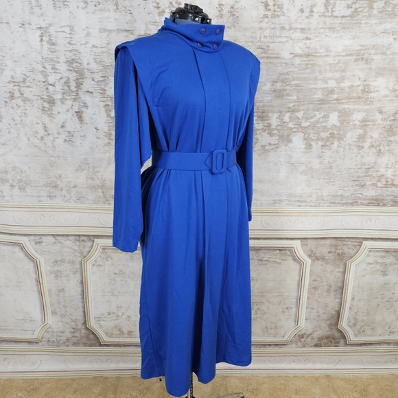 Vintage 80s Avante Garde Blue Dress M VTG 1980s Shirtdress Cobalt Wool Blend - Picture 4 of 11